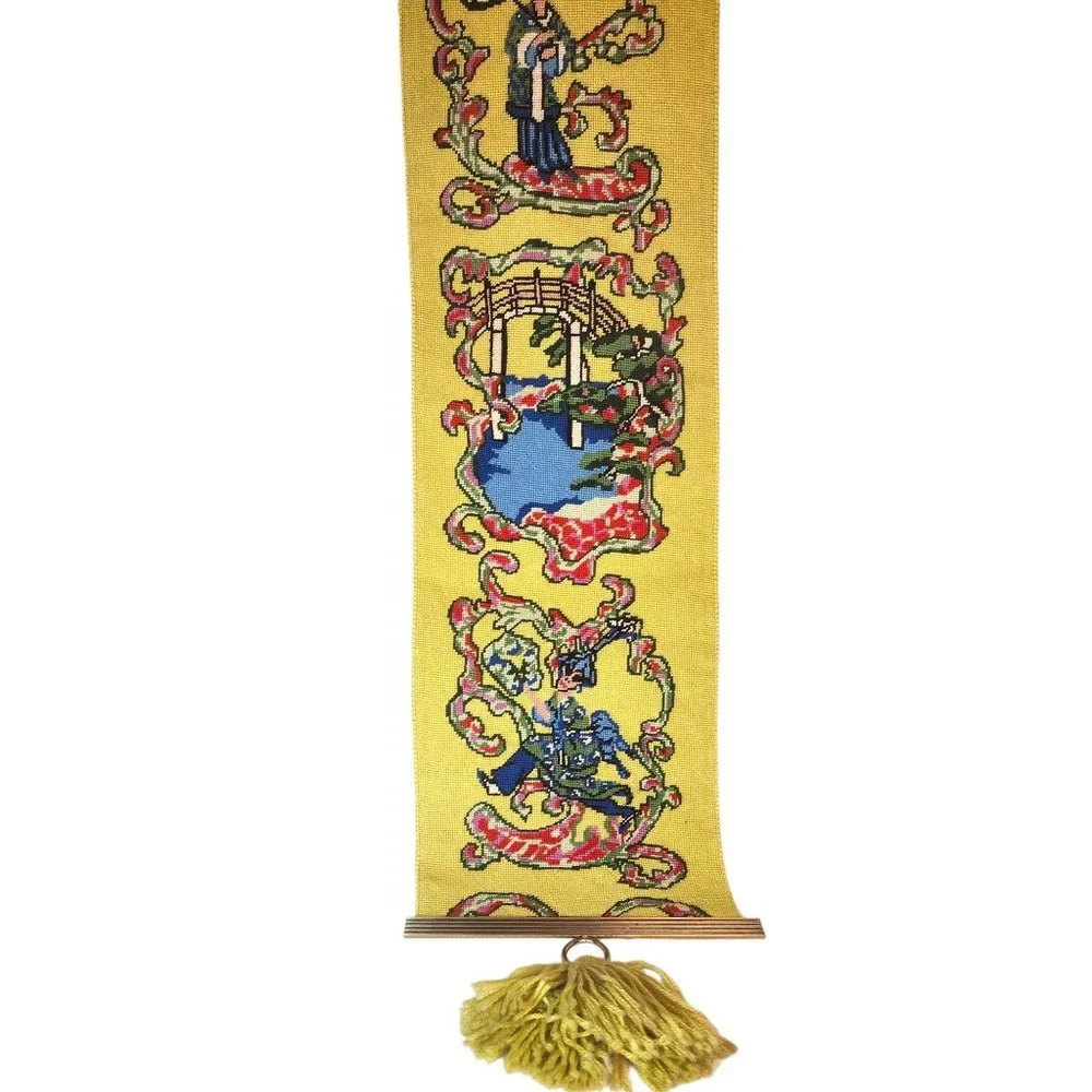 Vintage MCM Mid Century Modern Asian Inspired Needlepoint Wall Tapestry Hanging